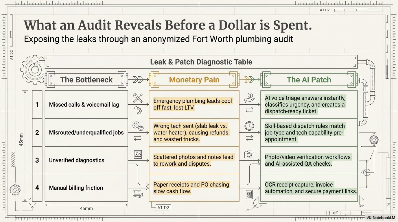 Example bottleneck audit showing monetary pain and AI repair path