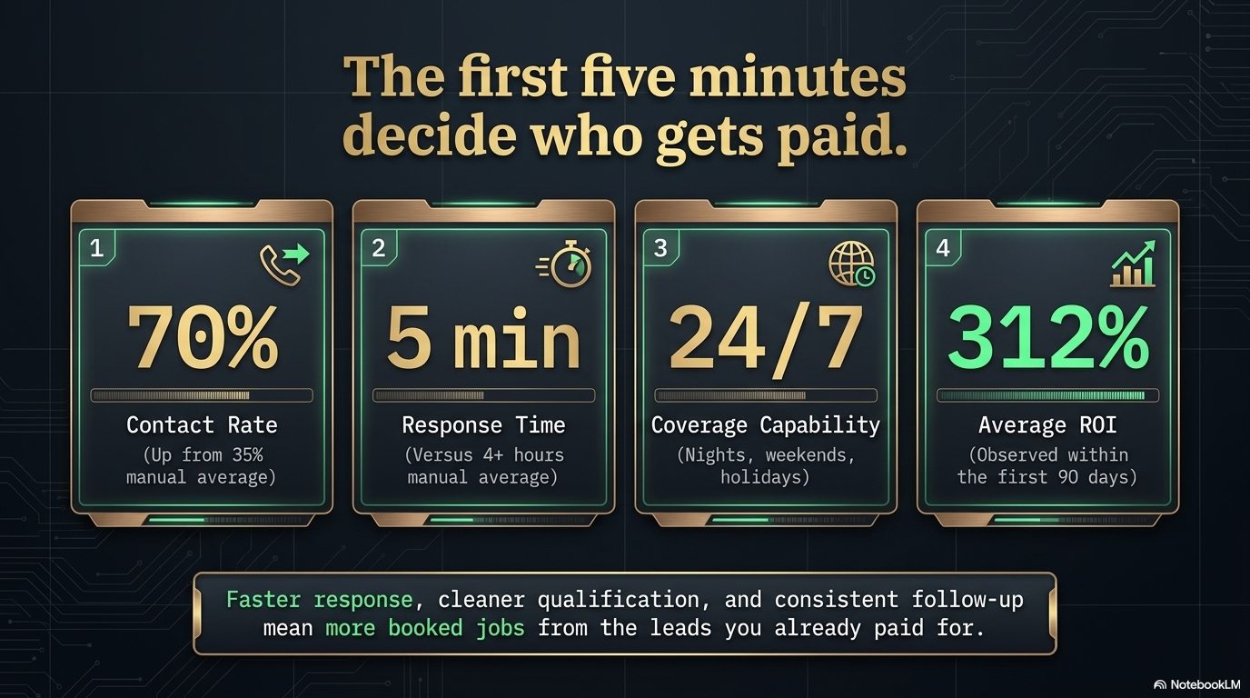 First five minutes speed-to-lead metrics for contact rate, response time, coverage, and ROI