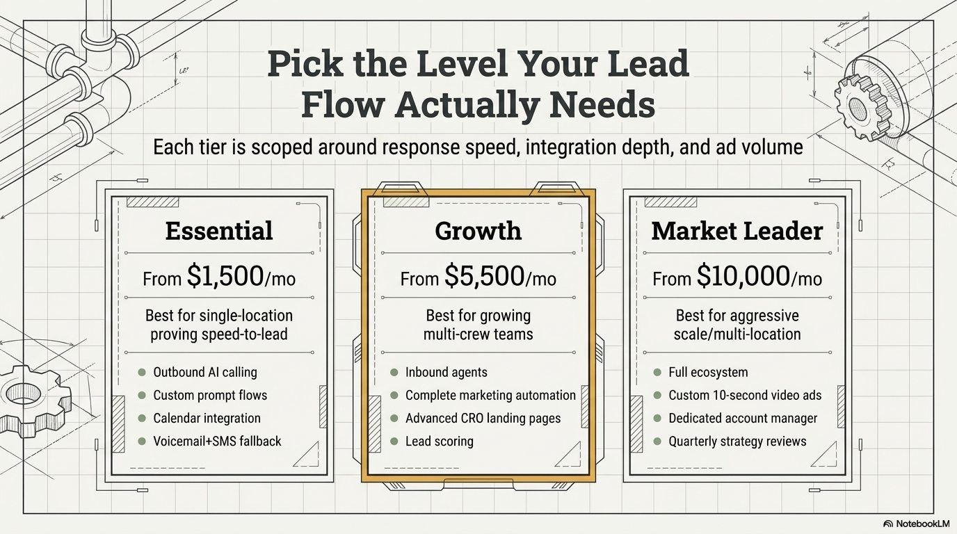 Service package levels for Essential, Growth, and Market Leader lead-flow systems