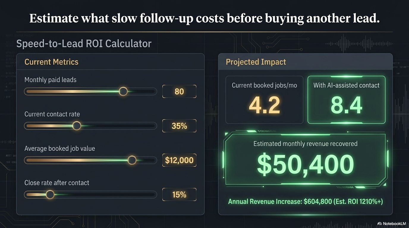 Speed-to-lead ROI calculator showing recovered monthly revenue from faster follow-up